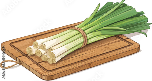 Leeks on cutting board in white background illustration vector design, Leeks vector design