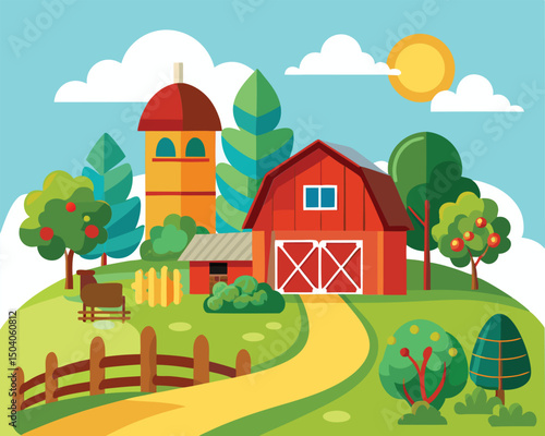 Picturesque Farm Scene. Red Barn. Lush Fields. and Sunny Day