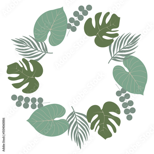 Round jungle-inspired border with tropical leaves, dense foliage. Perfect for invitations, covers, banners, and greeting cards. Vector nature design