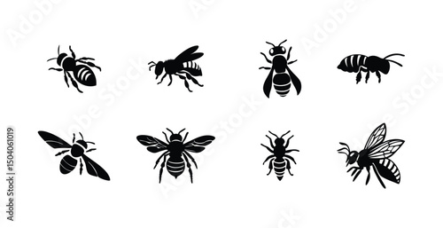 Highly Detailed Black Silhouette Illustrations of Bees for Graphic Design Projects