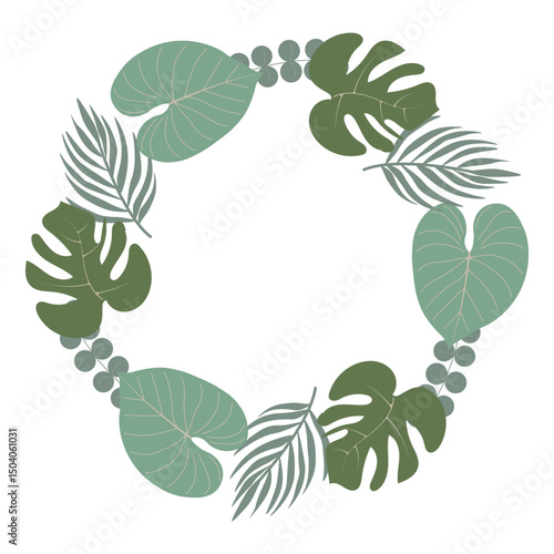Tropical jungle round frame decorated with lush leaves, foliage. Suitable for invitations, covers, banners, and greeting cards. Vector scene
