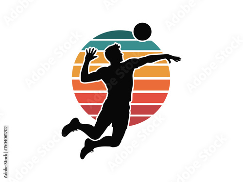 Volleyball player silhouette spiking the ball against a retro sunset background