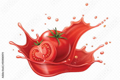 realistic 3d fresh tomato red juice or ketchup sauce splashes in different style isolated on transparent background