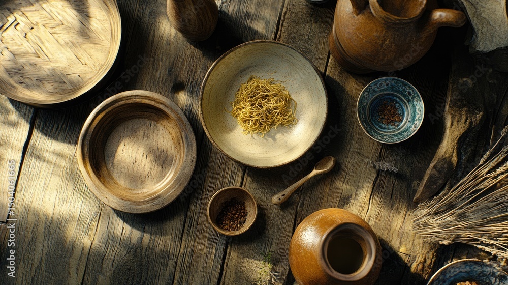 Overhead ramen composition with symmetrical toppings and rustic serving ware Overhead ramen composition with symmetrical toppings and rustic serving ware