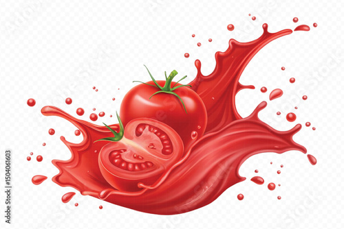 realistic 3d fresh tomato red juice or ketchup sauce splashes in different style isolated on transparent background