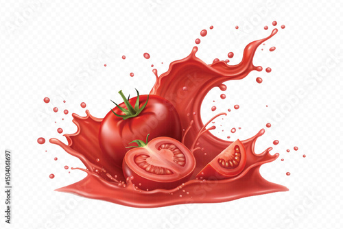 realistic 3d fresh tomato red juice or ketchup sauce splashes in different style isolated on transparent background