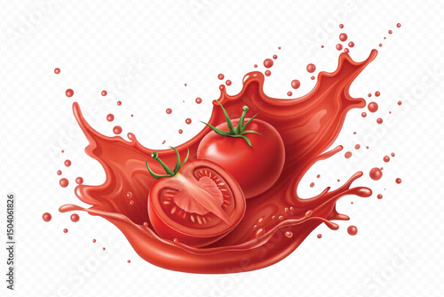 realistic 3d fresh tomato red juice or ketchup sauce splashes in different style isolated on transparent background