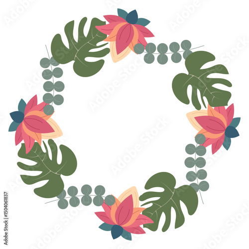 Circular jungle-inspired scene with tropical leaves and lush greenery featuring lotus flowers. Ideal for invitations, banners, covers, greeting cards in vector format