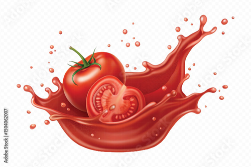 realistic 3d fresh tomato red juice or ketchup sauce splashes in different style isolated on transparent background