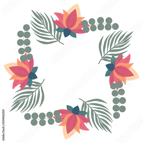Round jungle-inspired border with tropical leaves, dense foliage, and lotus blossoms. Perfect for invitations, covers, banners, and greeting cards. Vector nature design