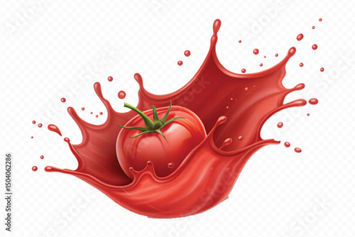 realistic 3d fresh tomato red juice or ketchup sauce splashes in different style isolated on transparent background