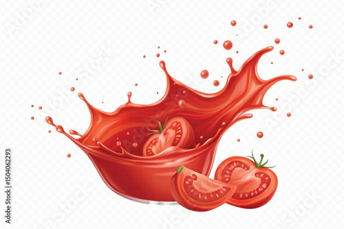 realistic 3d fresh tomato red juice or ketchup sauce splashes in different style isolated on transparent background