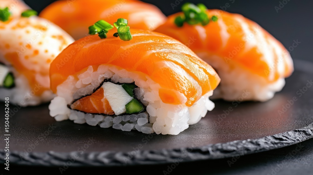 Sushi rolls arranged artfully on a dark plate, featuring fresh salmon and vibrant toppings for a gourmet dining experience Sushi rolls arranged artfully on a dark plate, featuring fresh salmon and vibrant toppings for a gourmet dining experience