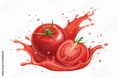 realistic 3d fresh tomato red juice or ketchup sauce splashes in different style isolated on transparent background