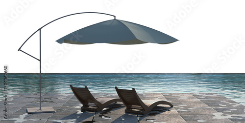 Fototapeta banner of modern luxury infinity pool with two deckchairs under a parasol on a w