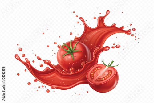 realistic 3d fresh tomato red juice or ketchup sauce splashes in different style isolated on transparent background