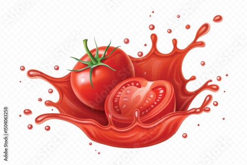 realistic 3d fresh tomato red juice or ketchup sauce splashes in different style isolated on transparent background