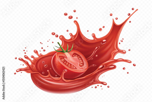 realistic 3d fresh tomato red juice or ketchup sauce splashes in different style isolated on transparent background