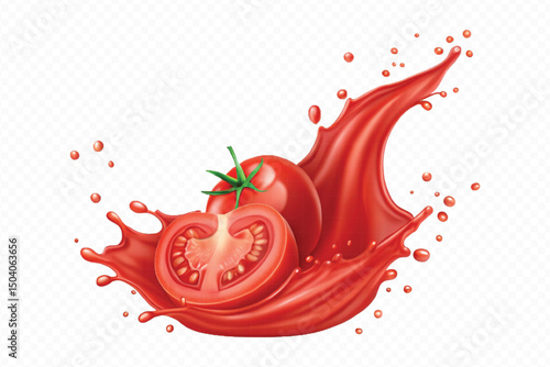 realistic 3d fresh tomato red juice or ketchup sauce splashes in different style isolated on transparent background