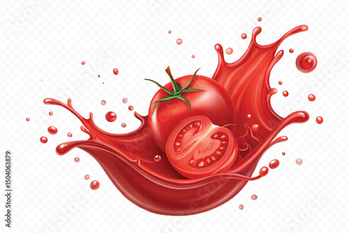 realistic 3d fresh tomato red juice or ketchup sauce splashes in different style isolated on transparent background