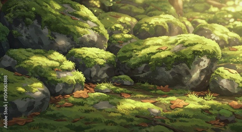 Anime Style Mossy Rocks in a Sunlit Forest Floor with Fallen Leaves