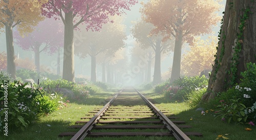 Enchanting Anime Style Forest Railway with Colorful Autumn Trees and Mist