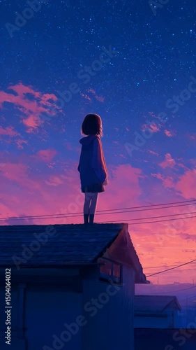 Animated young girl in hoodie on rooftop contemplates a vibrant colorful starry night sky in a dreamy scenery with electricity cables and quaint neighborhood houses.