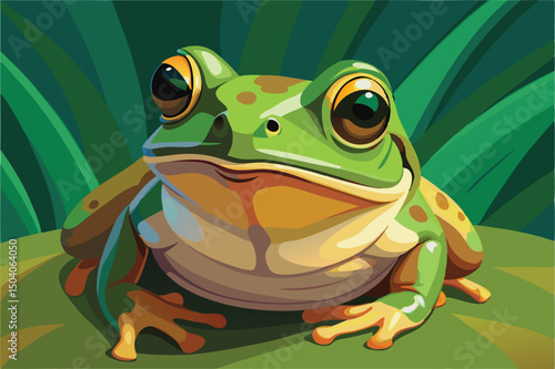 Closeup of a vibrant green frog in its natural habitat