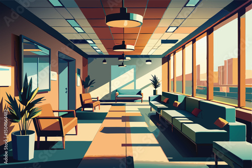 Sunlit Modern Office Lobby with City View