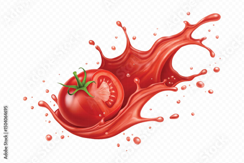 realistic 3d fresh tomato red juice or ketchup sauce splashes in different style isolated on transparent background