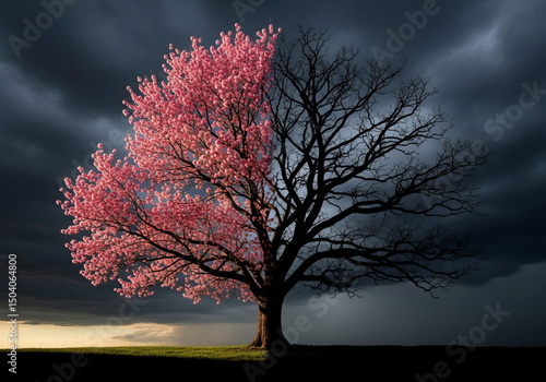 Large tree with one half covered in vibrant pink blossoms and other half bare against dramatic dark cloudy sky, creating striking contrast of life and dormancy