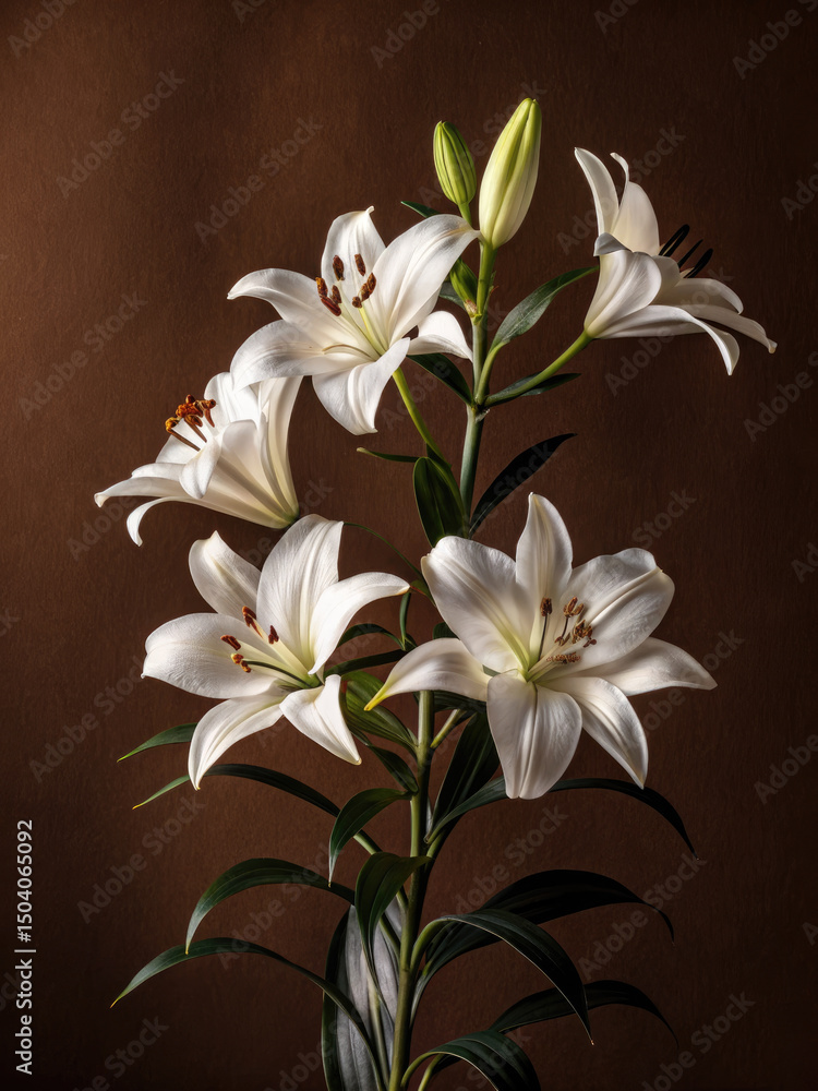 Fototapeta premium A stunning display of white lily blossoms against a warm, rich brown background.