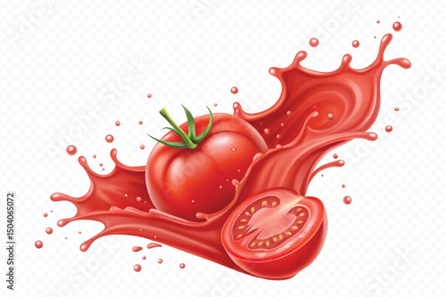 realistic 3d fresh tomato red juice or ketchup sauce splashes in different style isolated on transparent background
