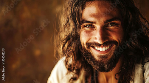 Smiling man with long dark hair and beard, wearing a light shirt, poses against a textured brown background, radiating warmth and positivity in a relaxed atmosphere