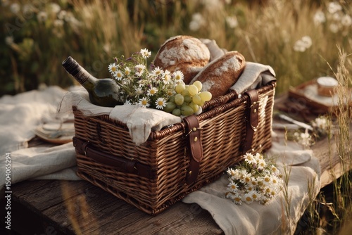 Picnic basket with bread, grapes, and wine