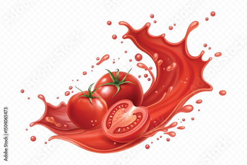 realistic 3d fresh tomato red juice or ketchup sauce splashes in different style isolated on transparent background