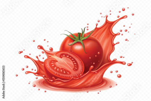 realistic 3d fresh tomato red juice or ketchup sauce splashes in different style isolated on transparent background