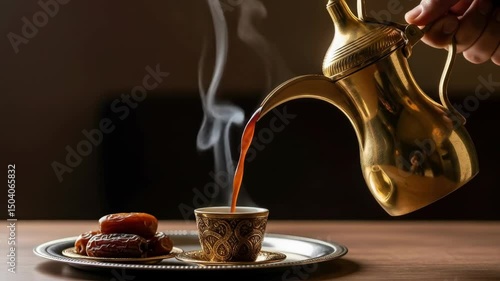 Golden coffee pot pouring hot drink into cup with dates