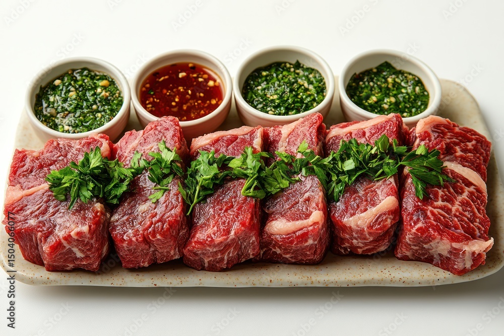 A neatly arranged tray of thinly sliced marbled beef with parsley garnish and dipping sauce bowls on the side A neatly arranged tray of thinly sliced marbled beef with parsley garnish and dipping sauce bowls on the side