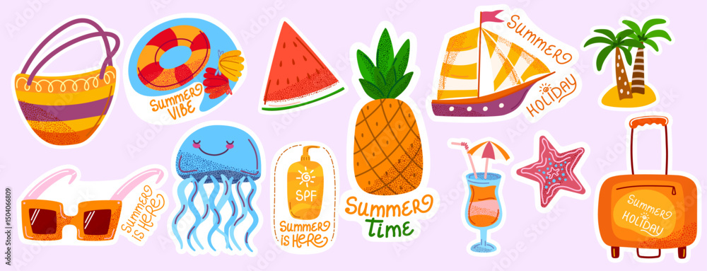 Fototapeta premium Summer sticker set with sea animal, beach and vacantion elements. Flat illustrations of pineapple, sailboat, beach bag, jellyfish, watermelon, swimming ring, hand drawn lettering. Vector illustration