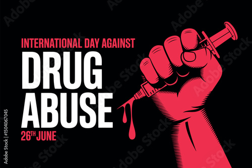 International day against drug abuse red hand holding syringe on a black background
