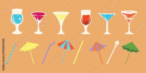 Set of cocktails with umbrellas and drinking straws. Vector Icons. Orange background.