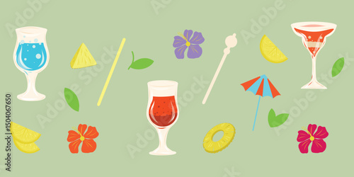 Set of cocktails with umbrellas and drinking straws. Lemons, leaf, flowers. Vector Icons. Green background.