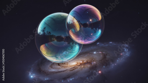 Giant bubbles embrace a galaxy amidst cosmic dust: A cosmic dance of celestial forces.