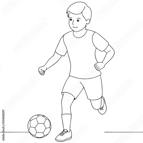 Smiling young player dribbles black and white soccer ball across the field with focused determination