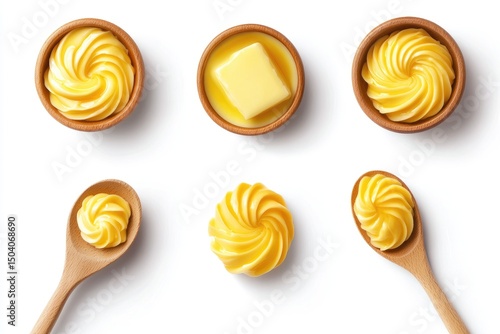 Overhead shot of butter in various forms pats, swirls, and a melting stick, displayed in wooden bowls and spoons against a stark white background
