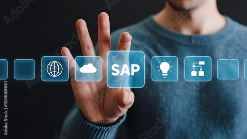 Man interacting with sap software interface on a touchscreen