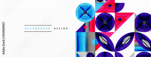 Abstract geometric shapes, vibrant blues, purples, pinks create modern design. Clean white background enhances visual impact.