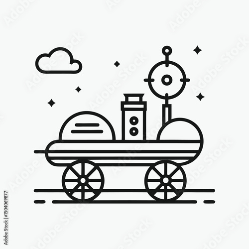 Cartoon space rover line art illustration with cloud and stars on white background