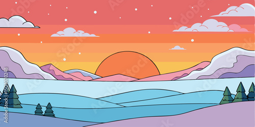 Stunning Sunset over Snowy Mountains. A Serene Winter Landscape